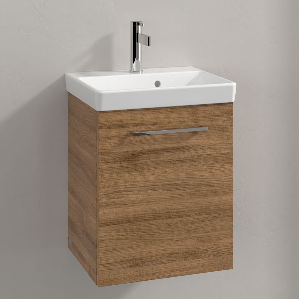 Lifestyle image of Villeroy & Boch Avento Kansas Oak 450mm Wall-Hung Basin Vanity Unit
